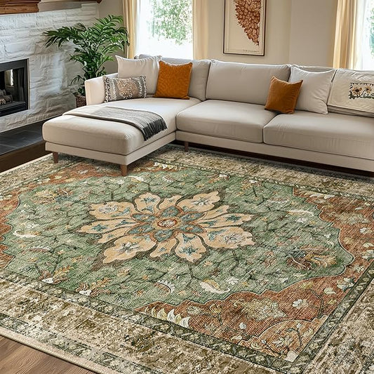 Area Rugs 8'x10' Washable Non-Slip, Floral Vintage Distress Print Pattern Medallion Carpet for Living Room Bedroom Dining Room, Brick Red Rust Neutral Brown Burnt Orange Green
